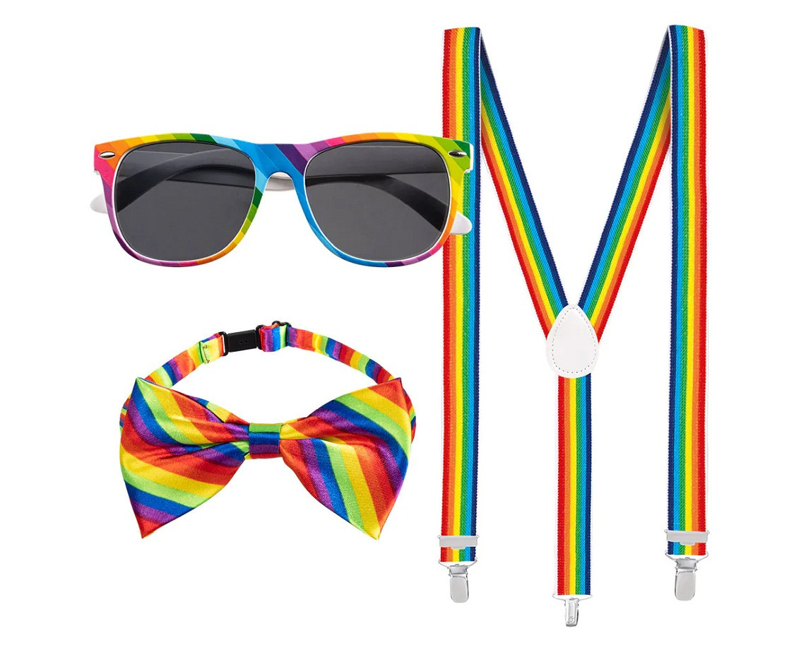 Accessory set rainbow (party glasses, bow tie and suspenders)