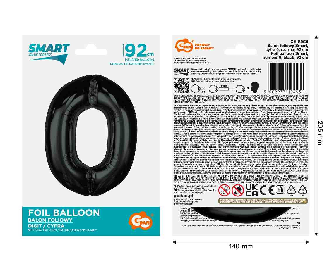 Foil balloon number 0, black, 92 cm EOL