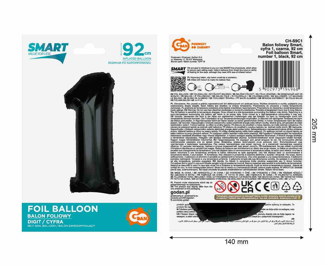 Foil balloon number 1, black, 92 cm EOL