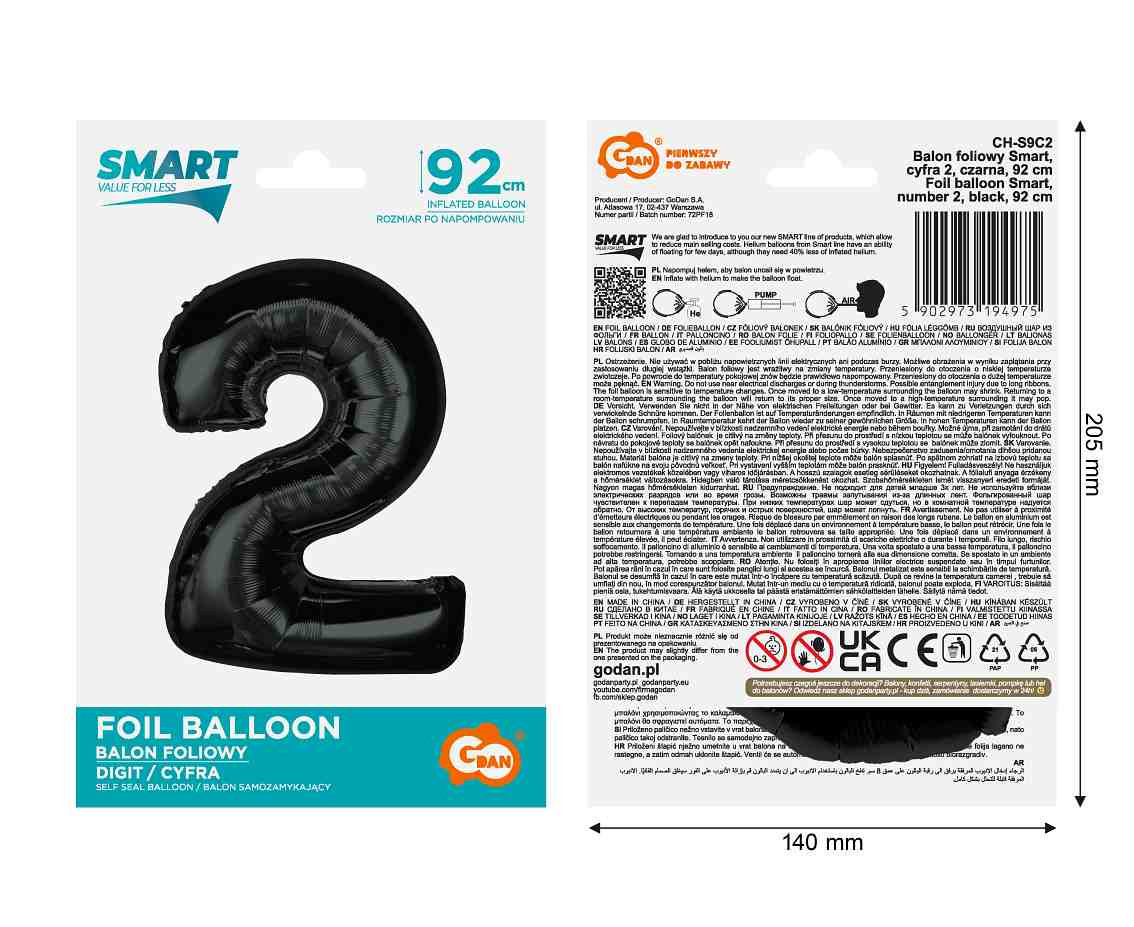 Foil balloon number 2, black, 92 cm EOL
