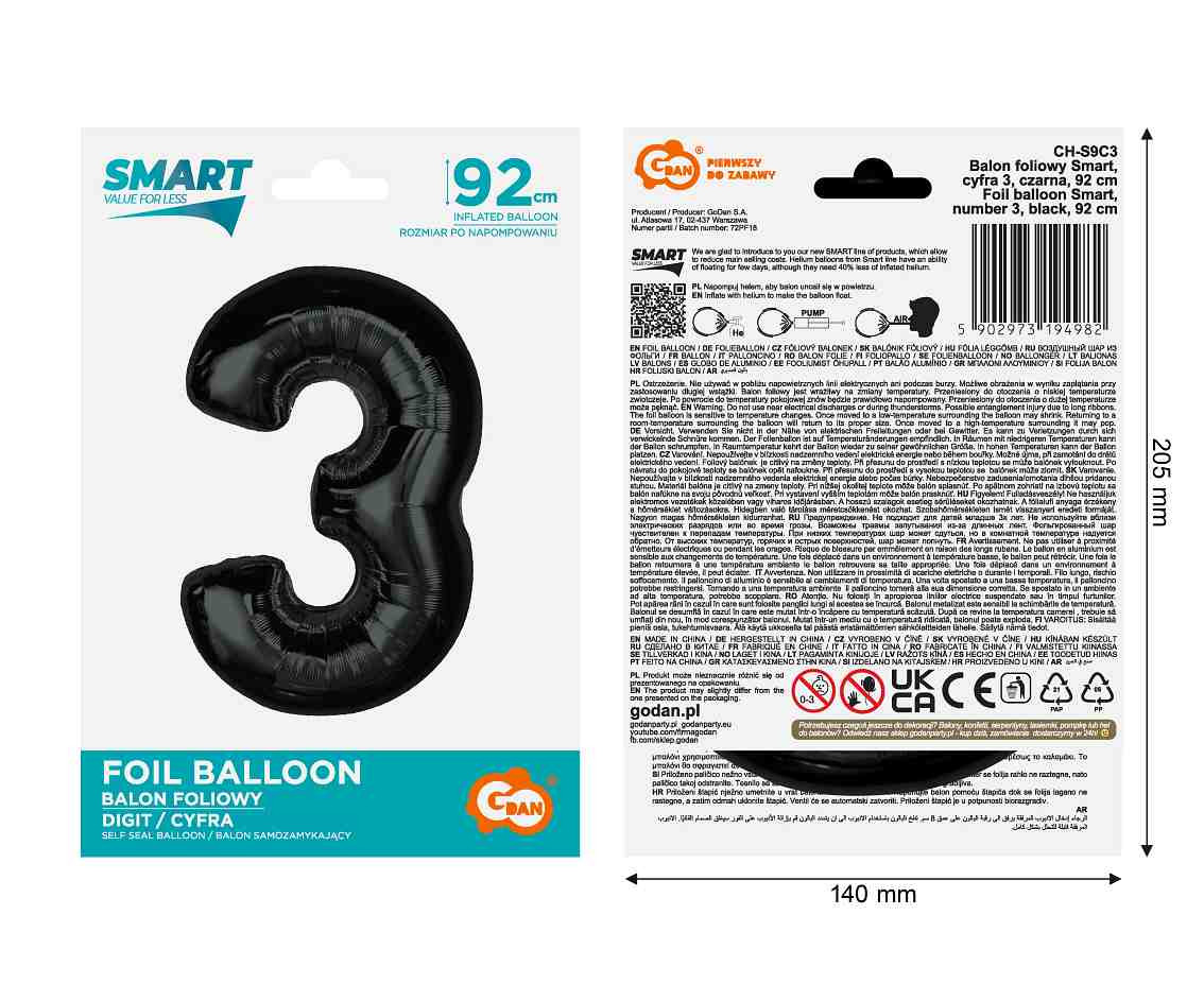 Foil balloon number 3, black, 92 cm EOL