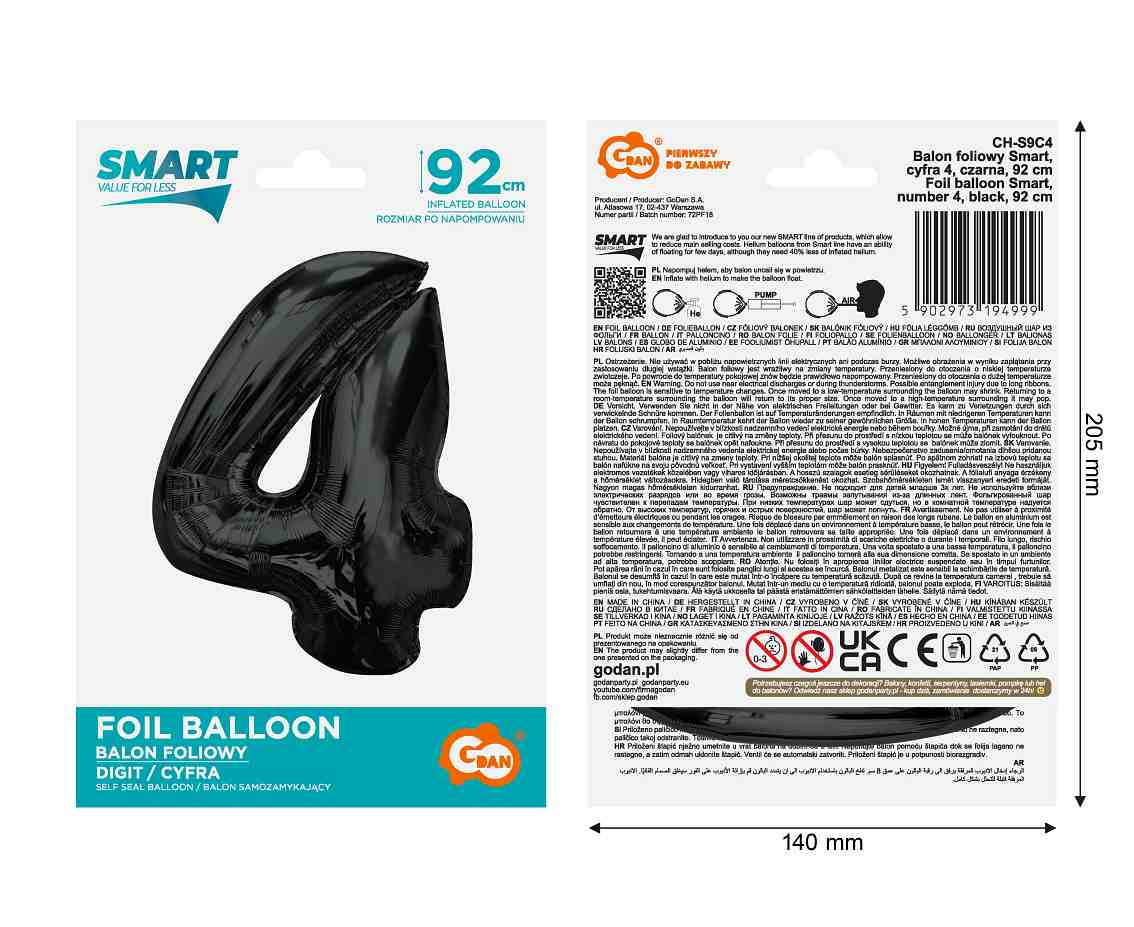 Foil balloon number 4, black, 92 cm EOL