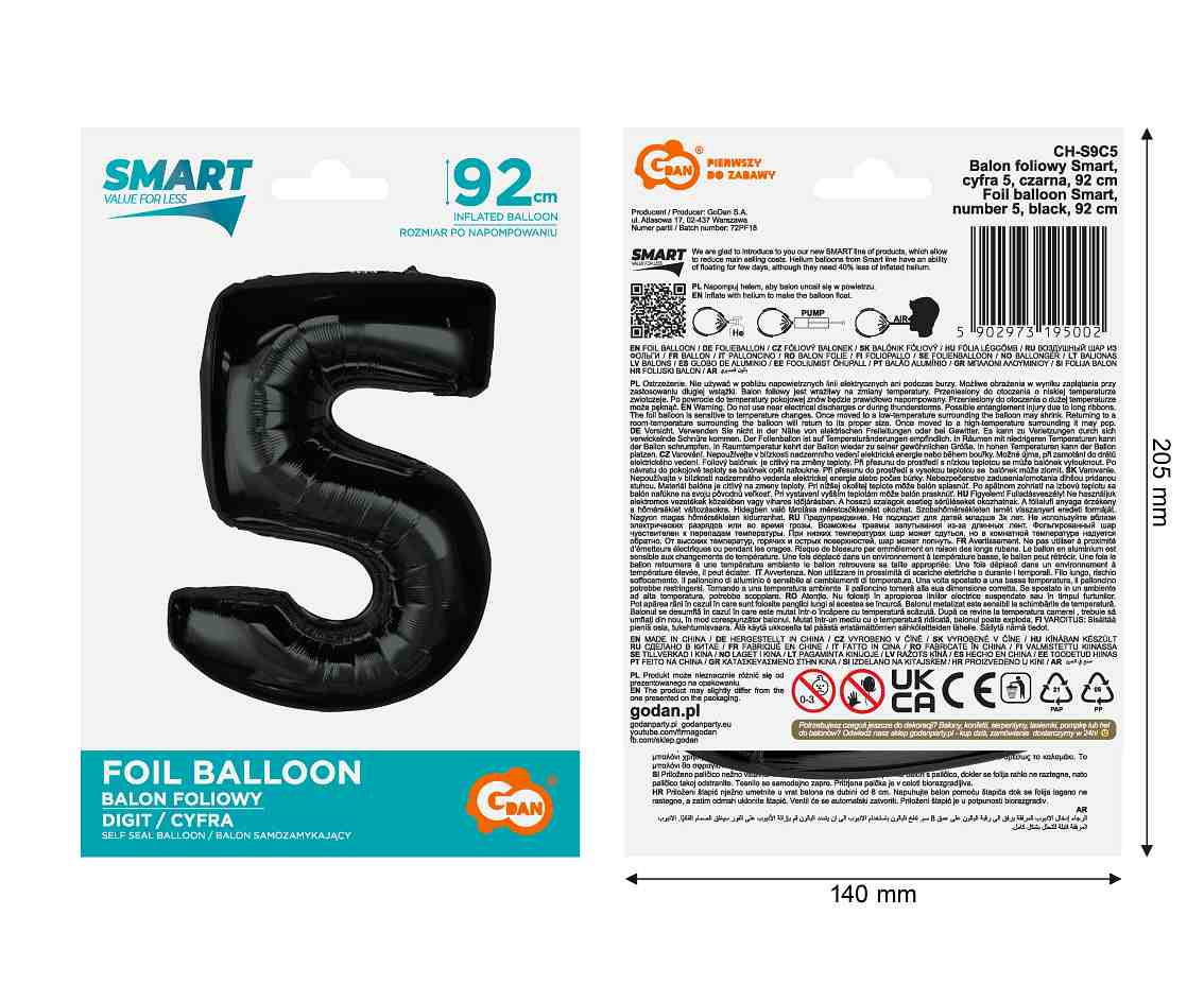 Foil balloon number 5, black, 92 cm EOL
