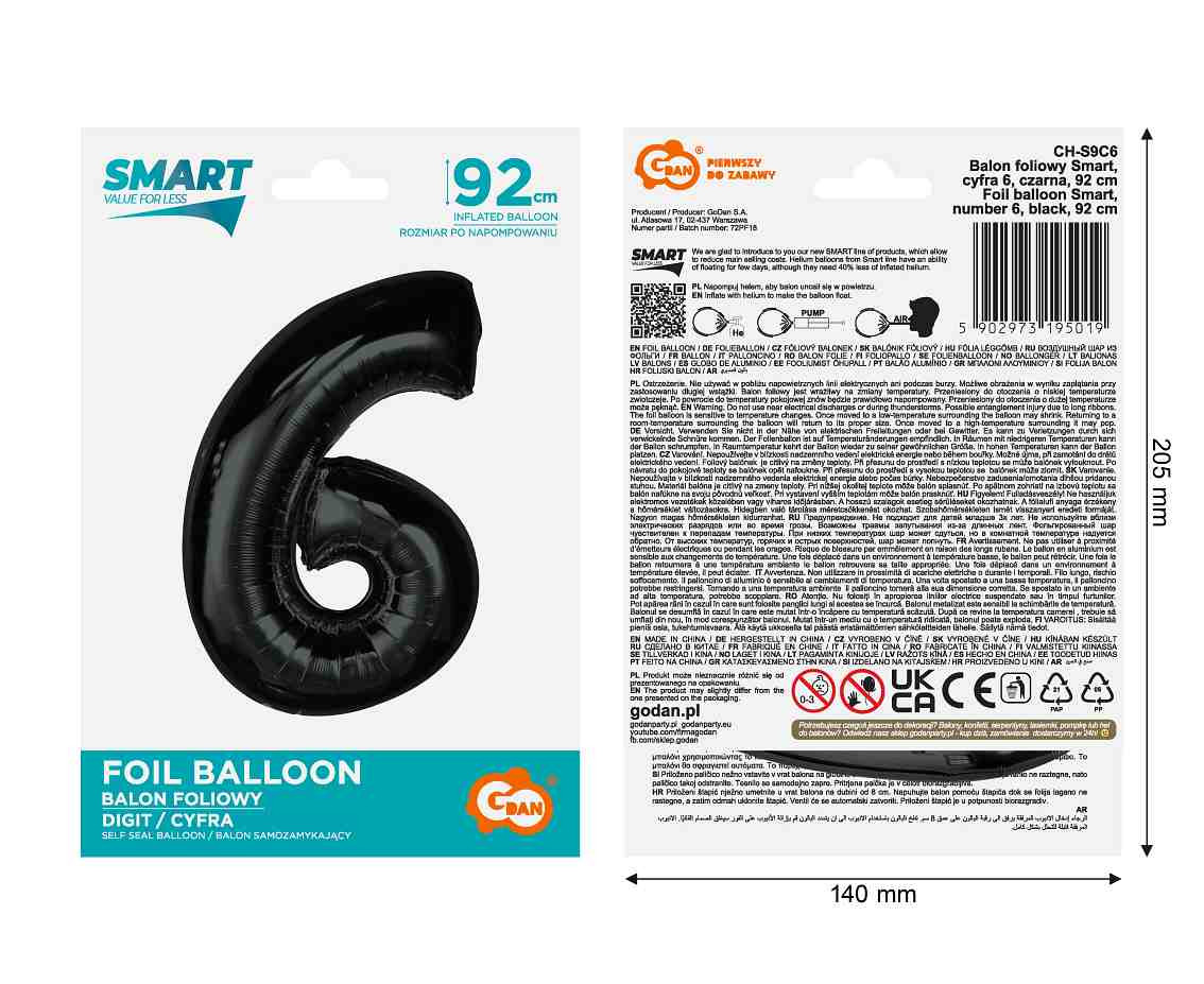 Foil balloon number 6, black, 92 cm EOL