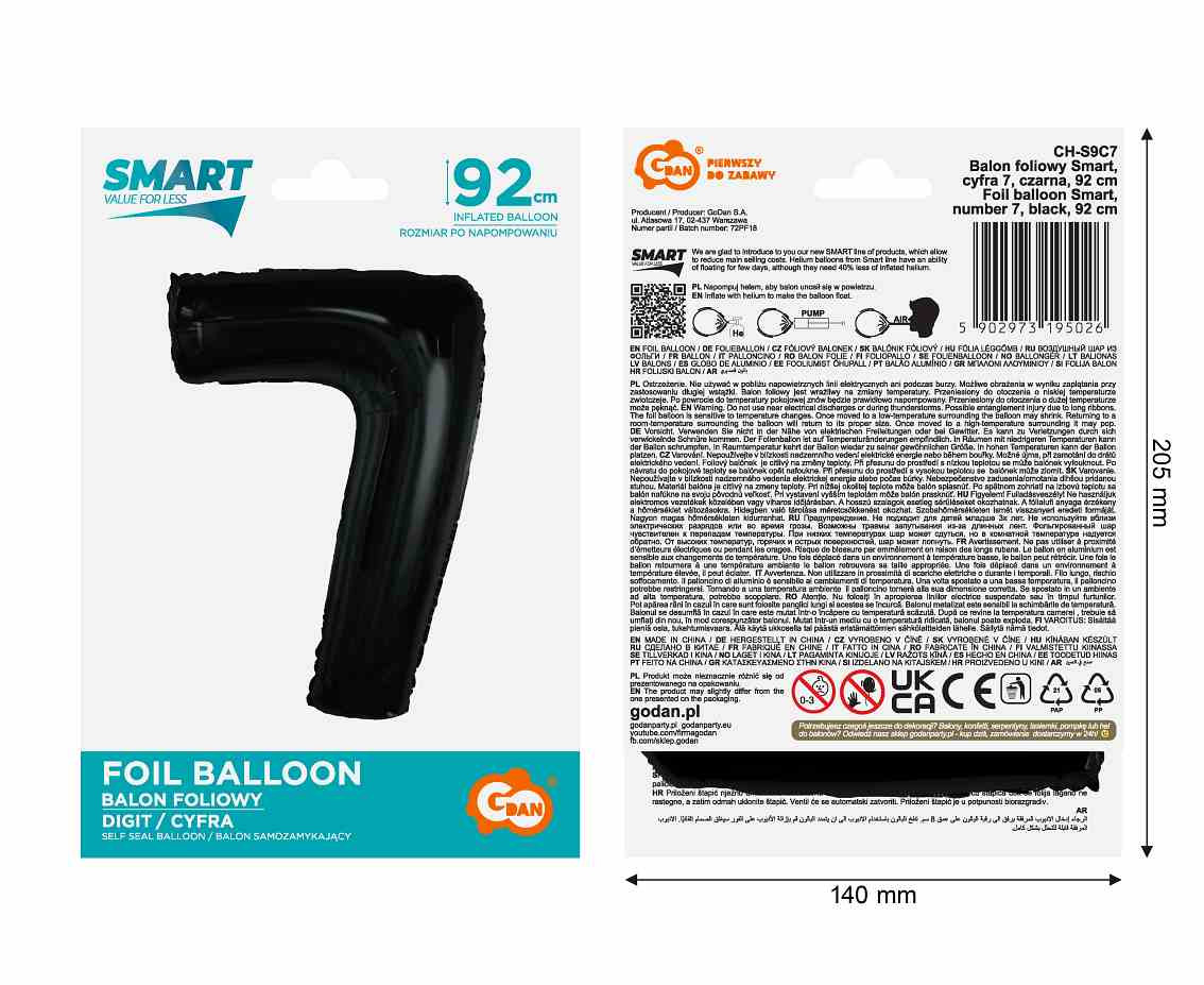 Foil balloon number 7, black, 92 cm EOL
