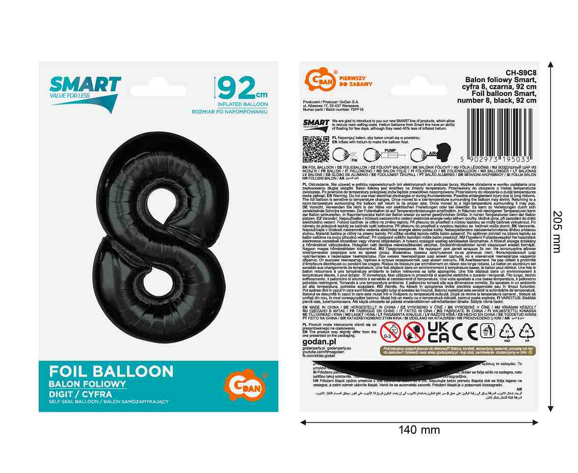 Foil balloon number 8, black, 92 cm EOL