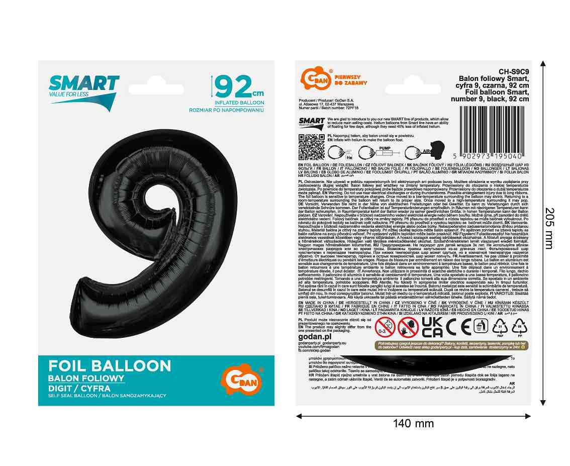 Foil balloon number 9, black, 92 cm EOL