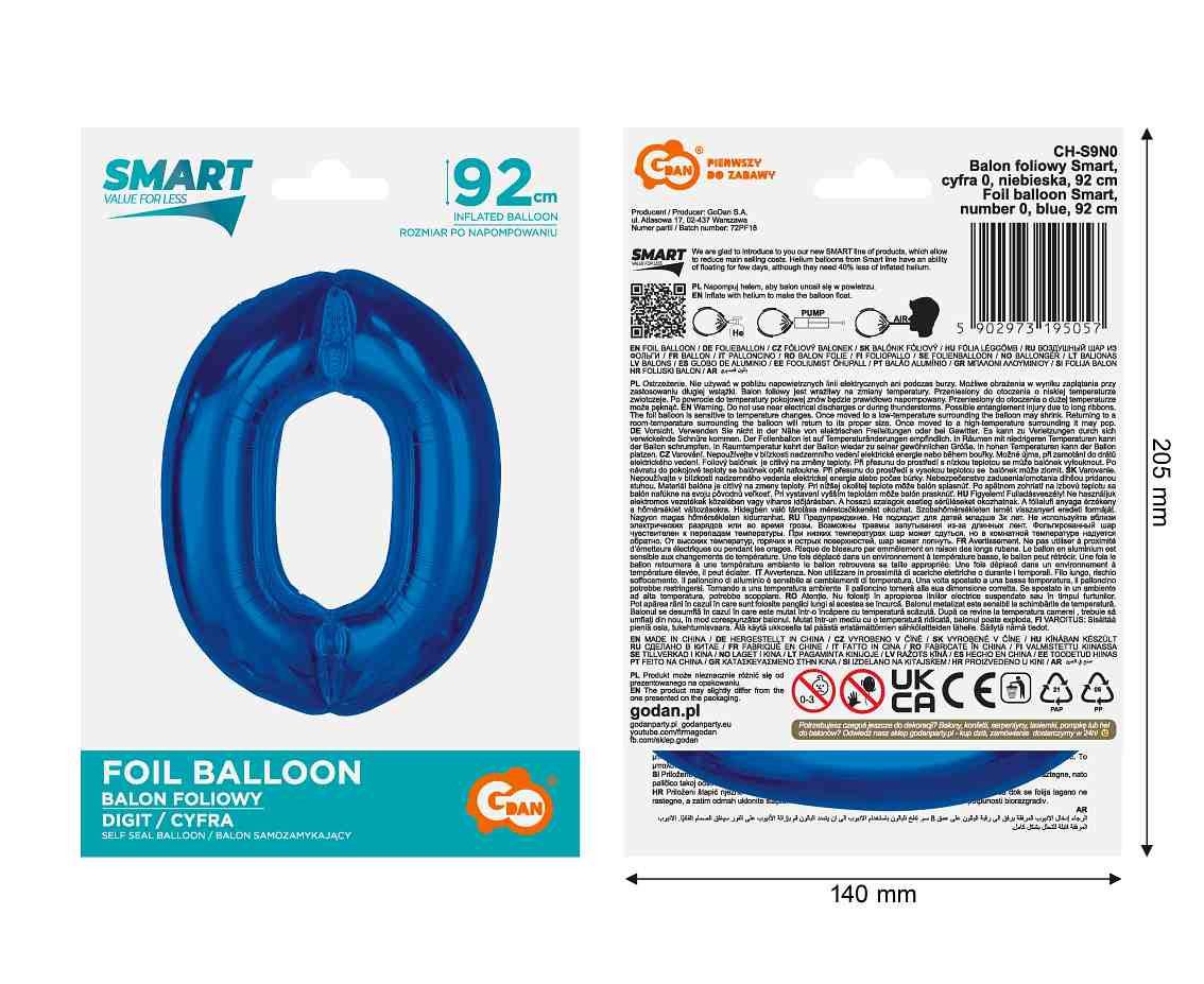 Foil balloon B&C Number 0, blue, 92 cm