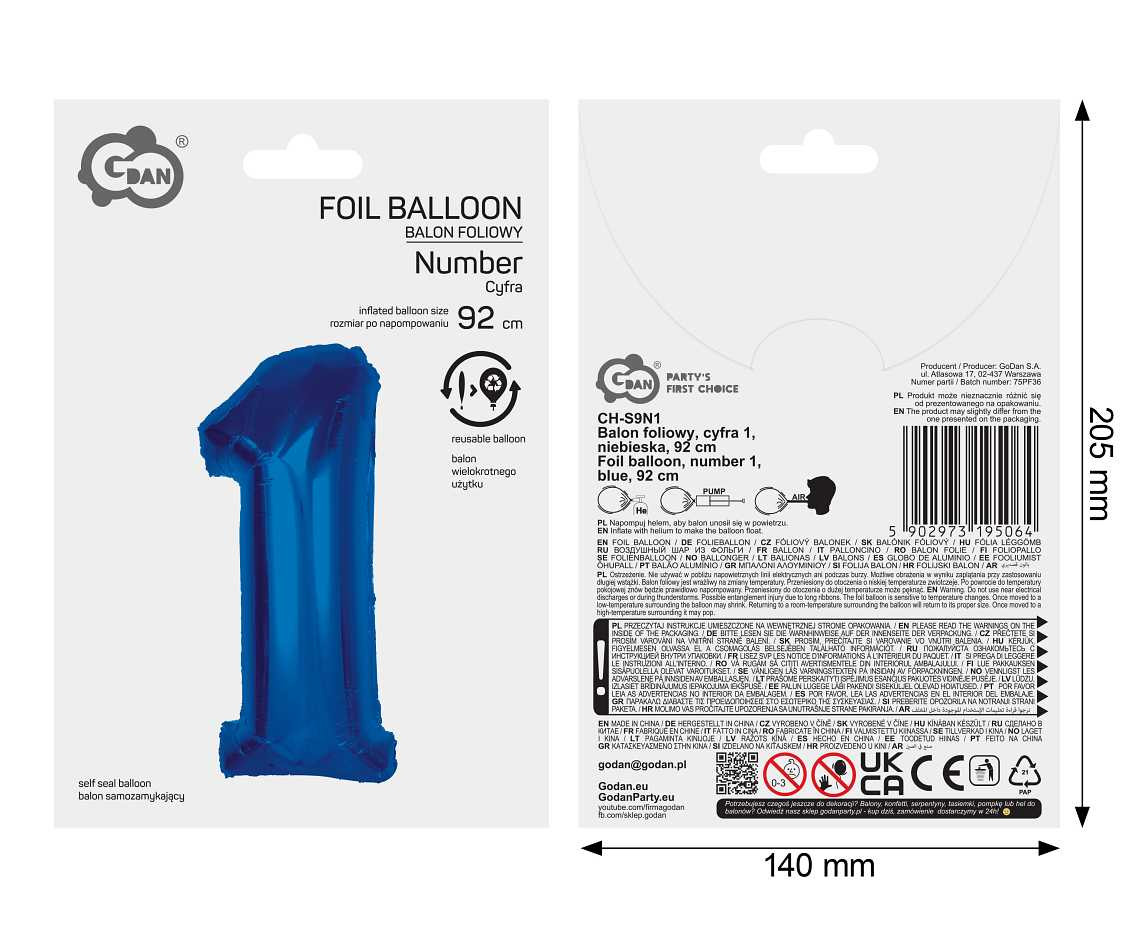 Foil balloon B&C Number 1, blue, 92 cm