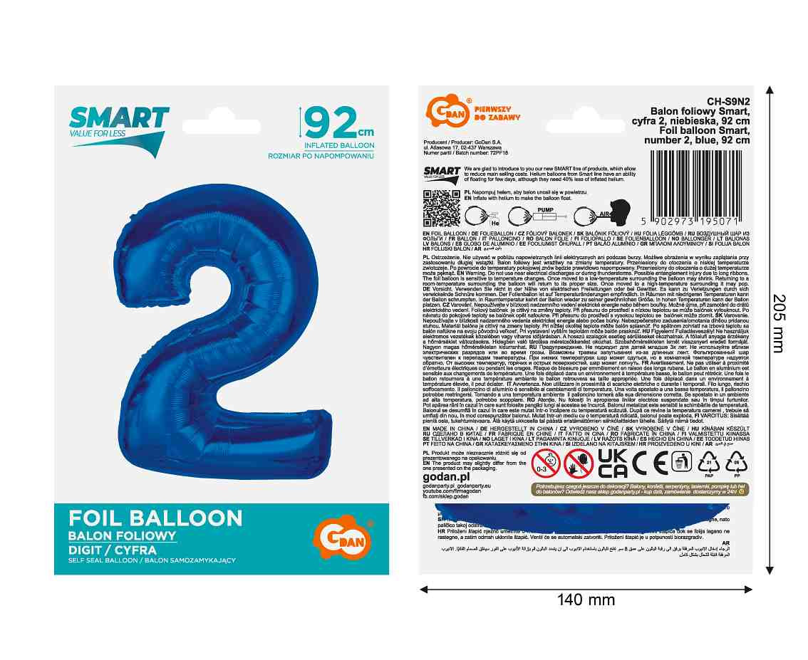 Foil balloon B&C Number 2, blue, 92 cm