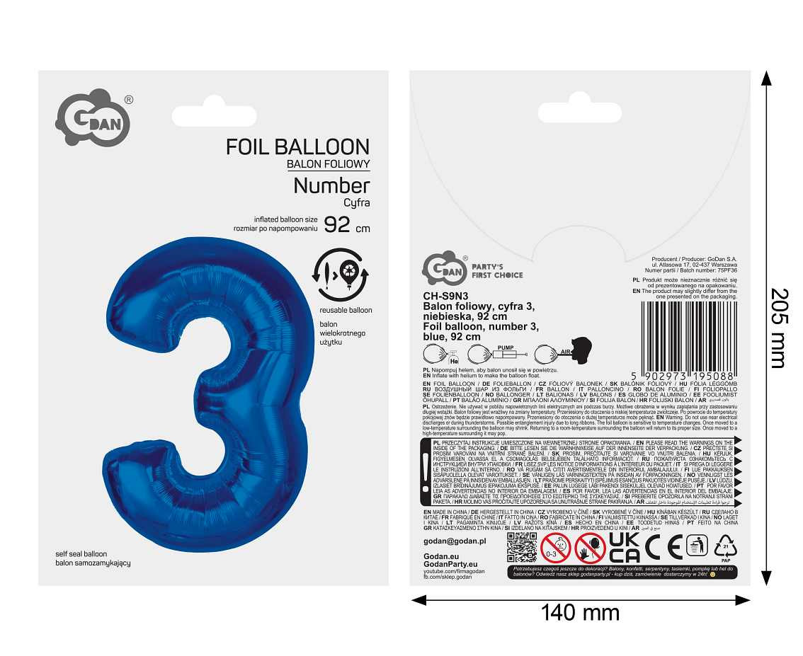 Foil balloon B&C Number 3, blue, 92 cm