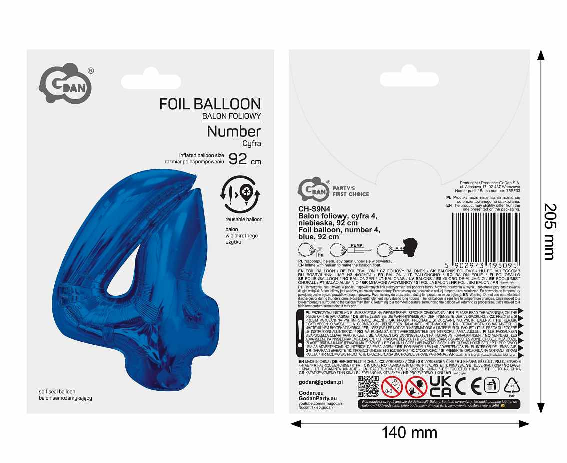 Foil balloon B&C Number 4, blue, 92 cm