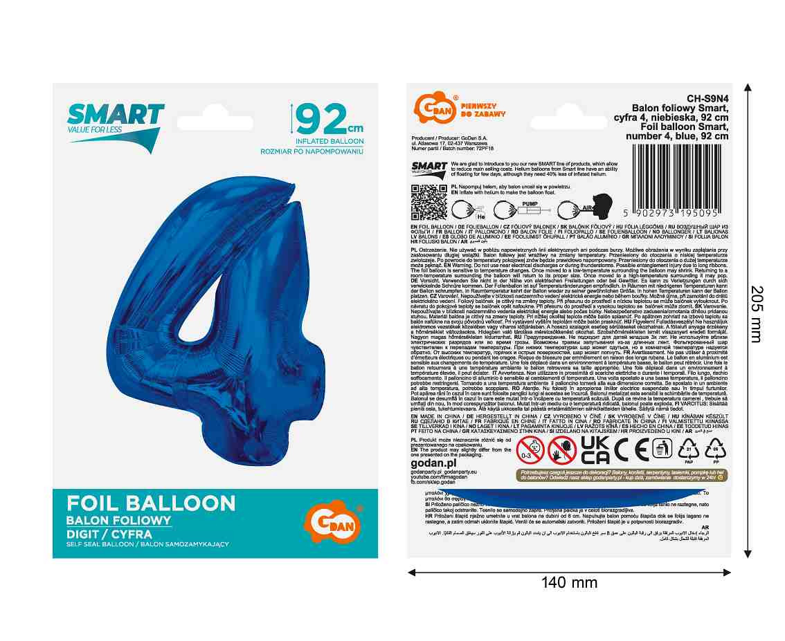 Foil balloon B&C Number 4, blue, 92 cm