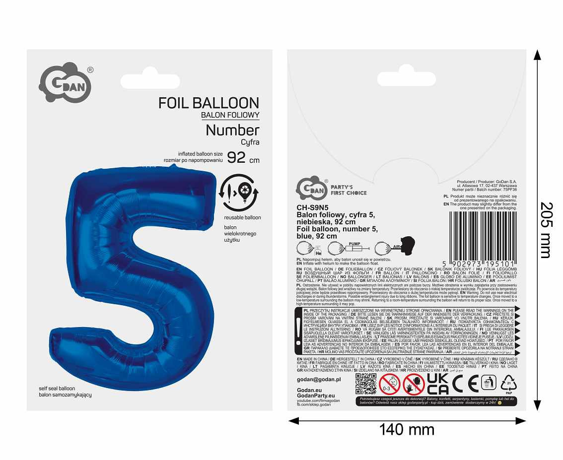 Foil balloon B&C Number 5, blue, 92 cm