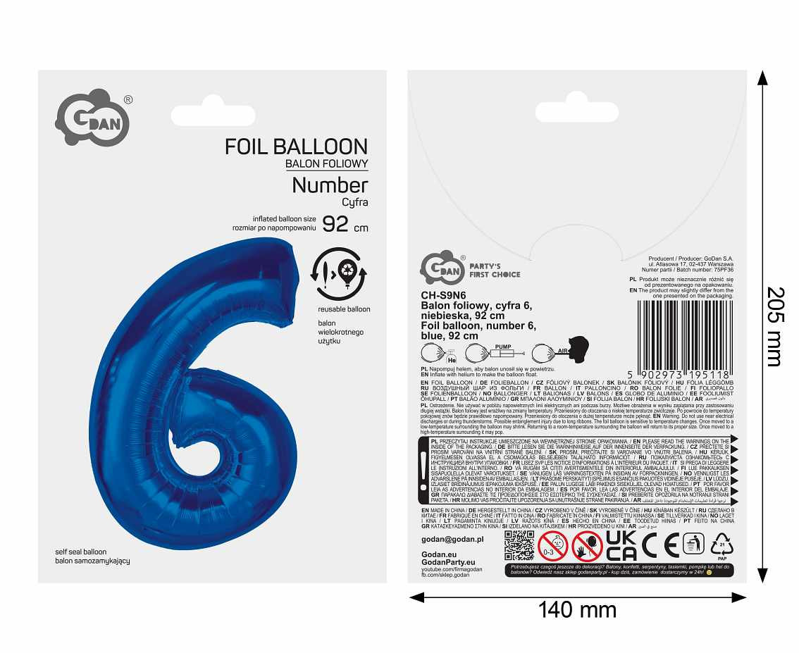 Foil balloon B&C Number 6, blue, 92 cm