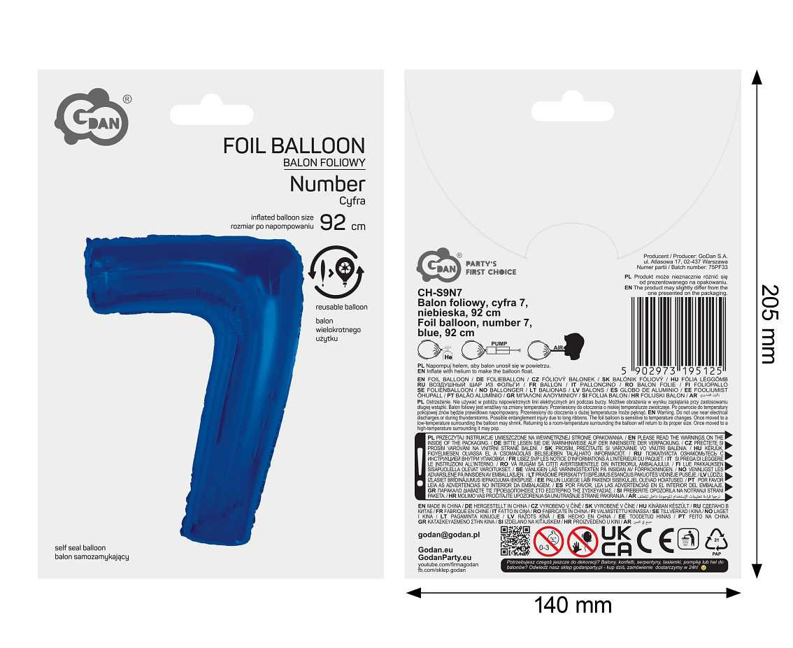 Foil balloon B&C Number 7, blue, 92 cm