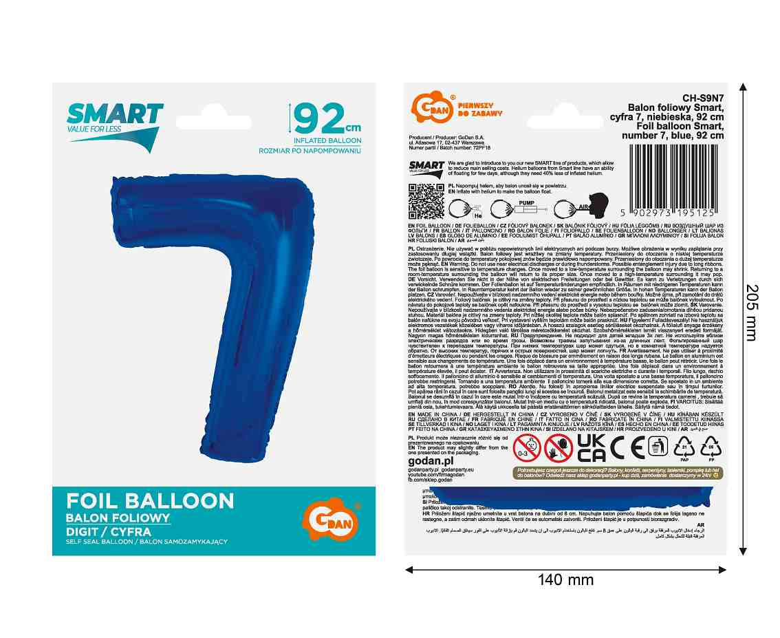 Foil balloon B&C Number 7, blue, 92 cm