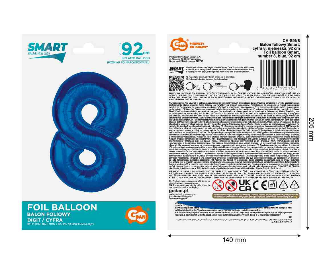 Foil balloon B&C Number 8, blue, 92 cm