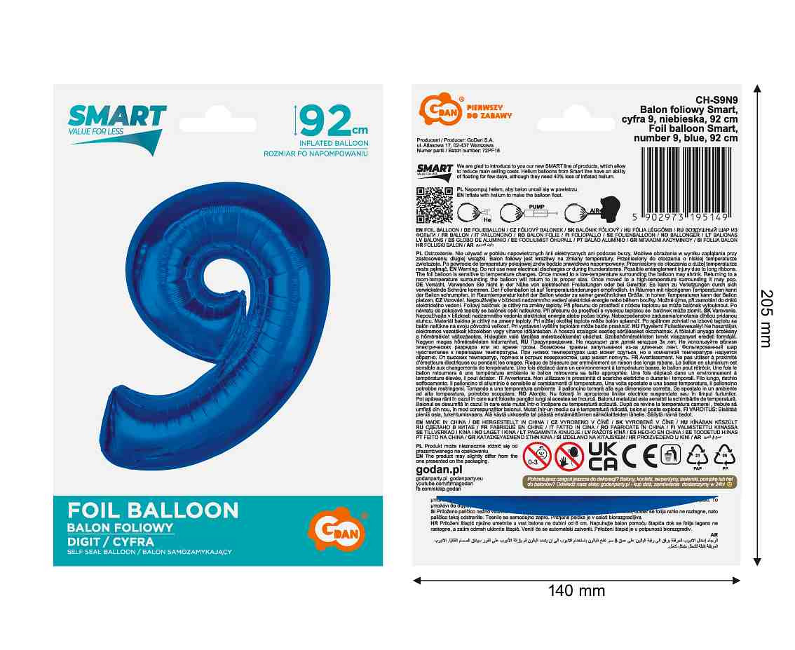 Foil balloon B&C Number 9, blue, 92 cm