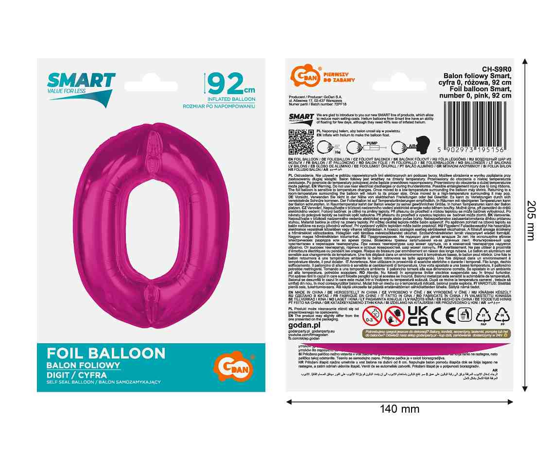 Foil balloon number 0, pink, 92 cm