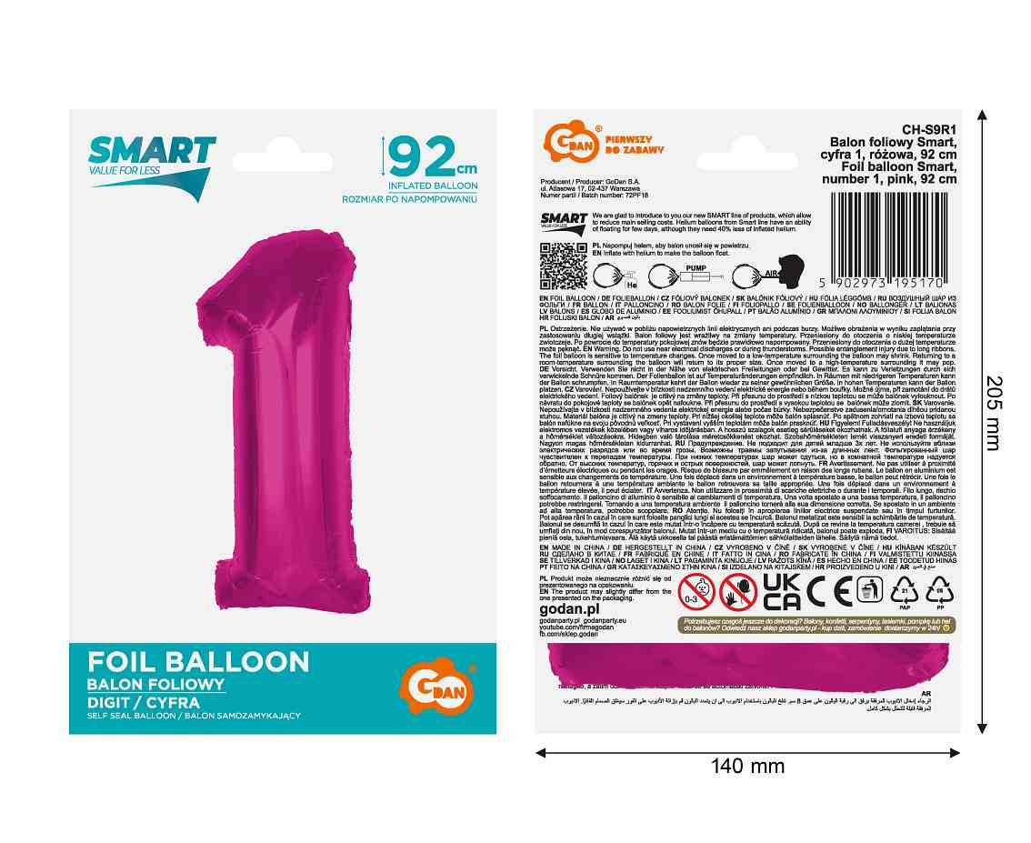 Foil balloon number 1, pink, 92 cm