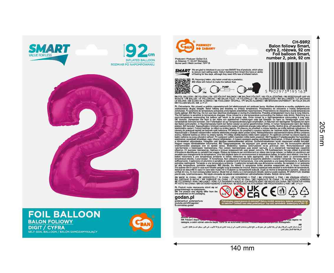 Foil balloon number 2, pink, 92 cm