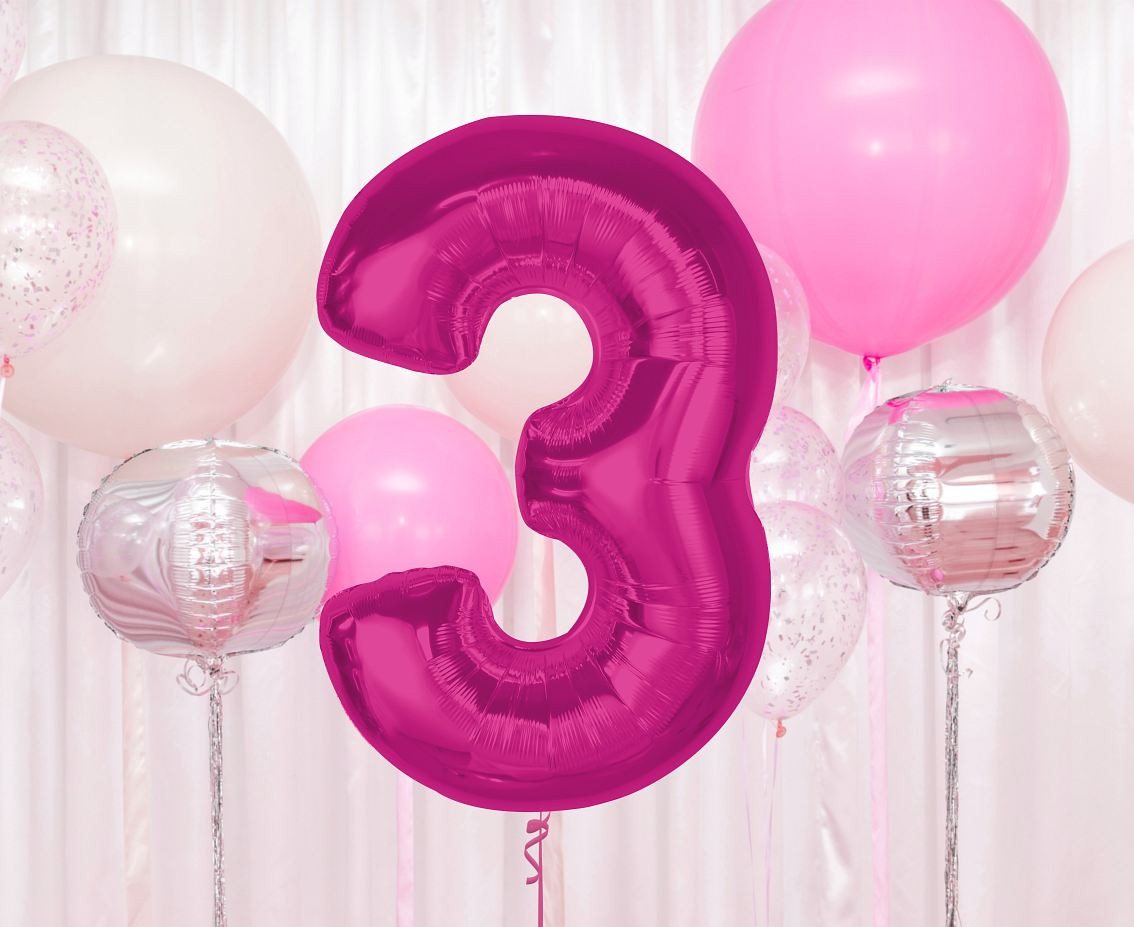 Foil balloon number 3, pink, 92 cm