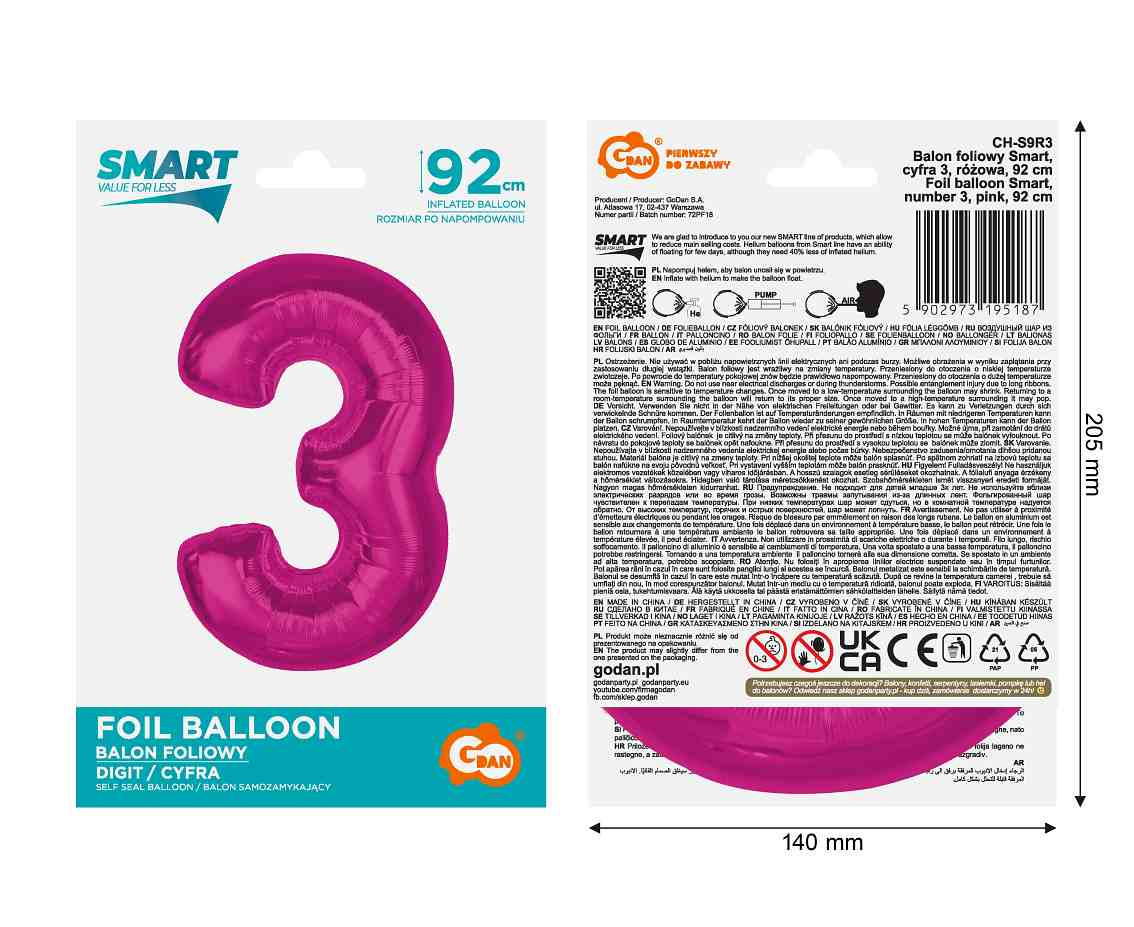 Foil balloon number 3, pink, 92 cm