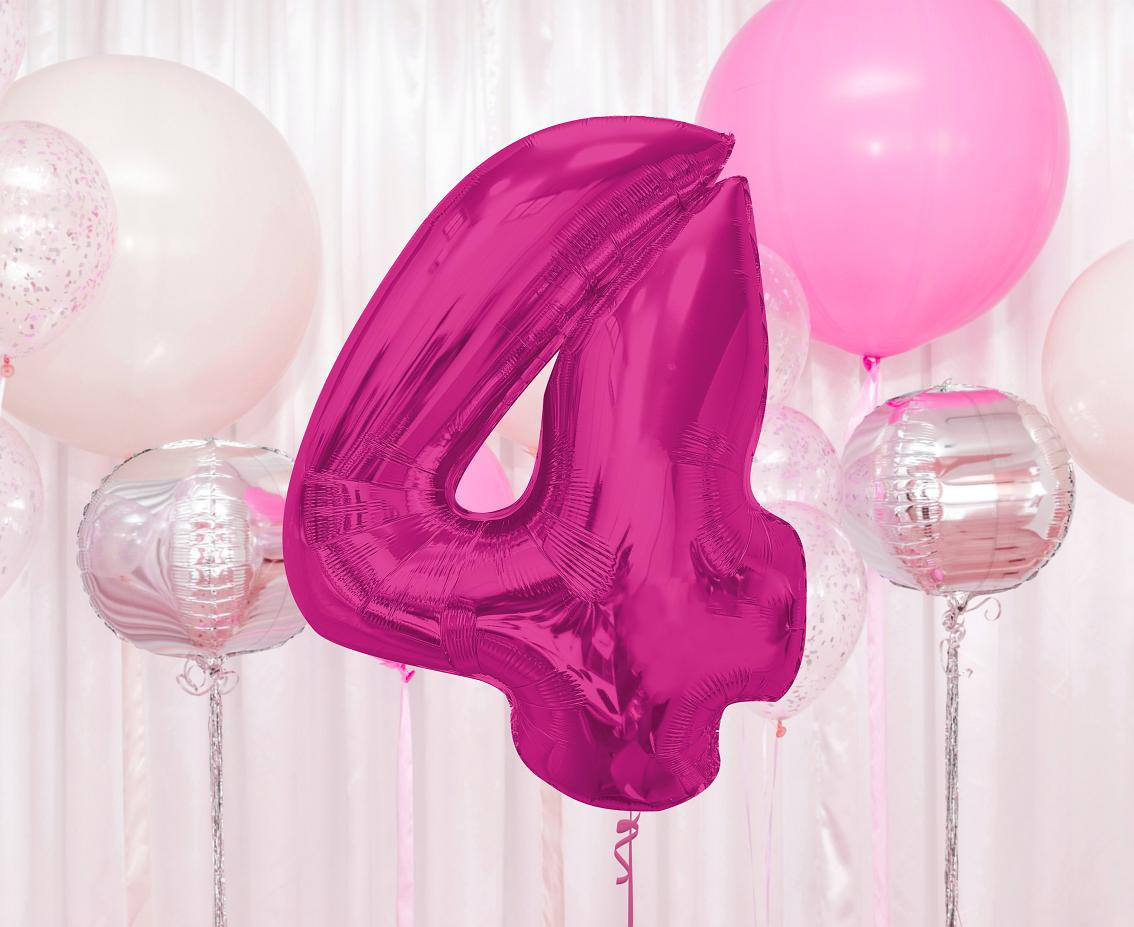 Foil balloon number 4, pink, 92 cm