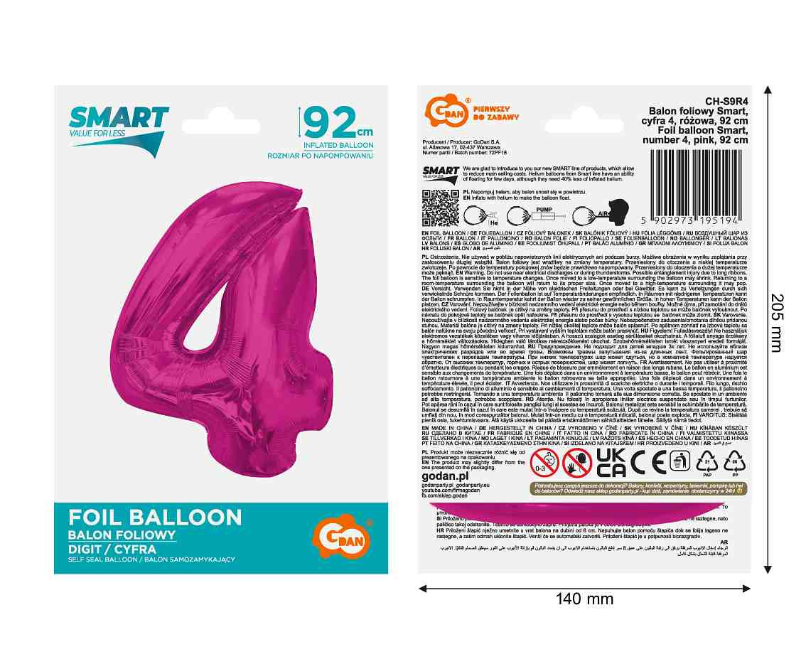 Foil balloon number 4, pink, 92 cm