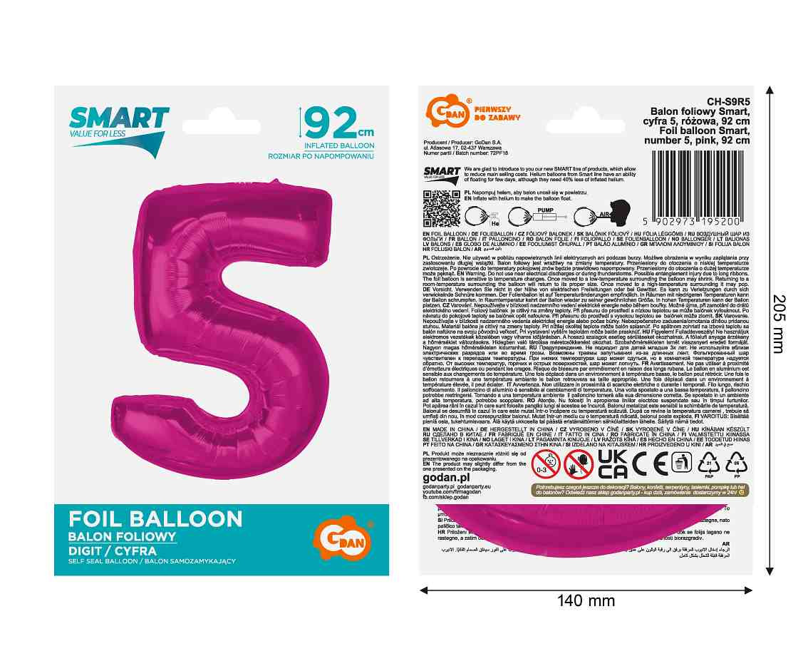Foil balloon number 5, pink, 92 cm