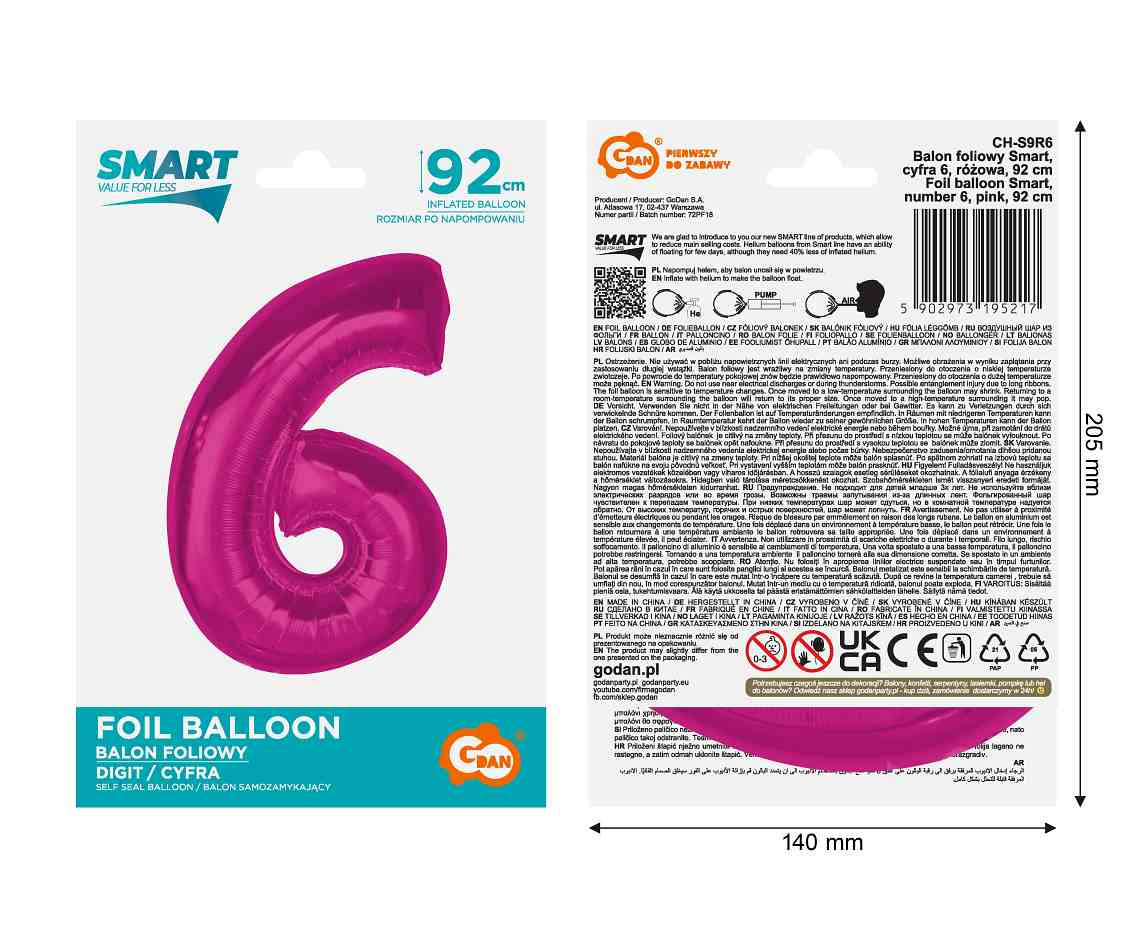 Foil balloon number 6, pink, 92 cm
