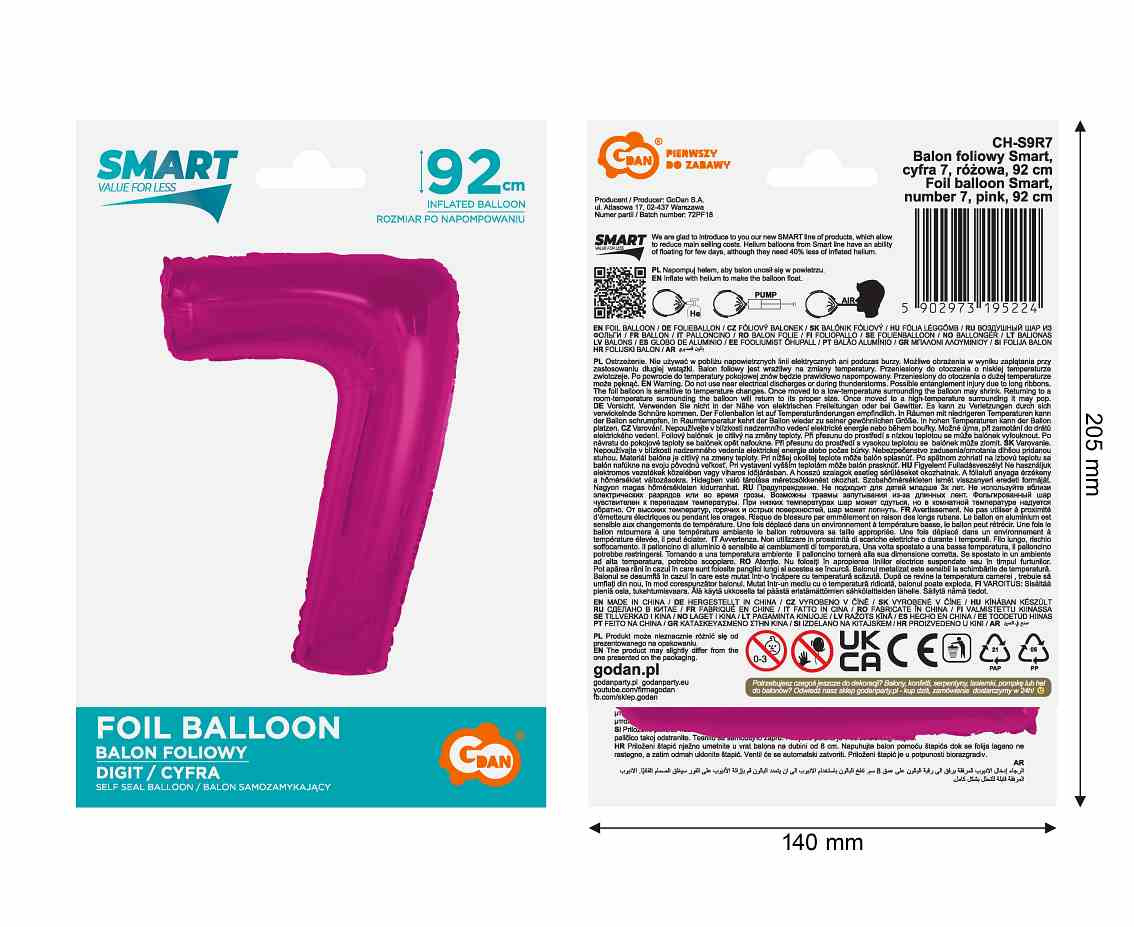 Foil balloon number 7, pink, 92 cm