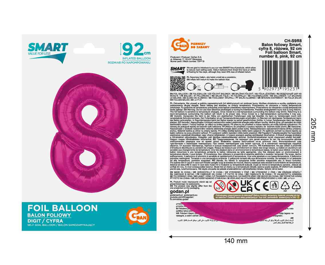 Foil balloon number 8, pink, 92 cm