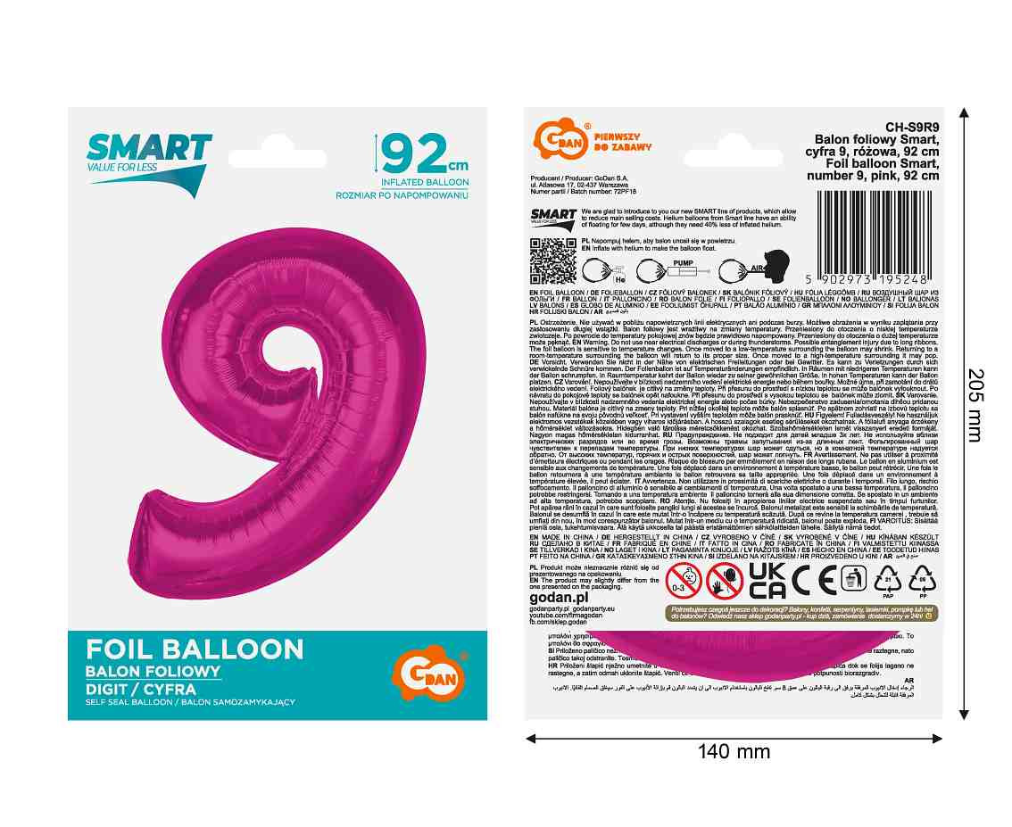Foil balloon number 9, pink, 92 cm