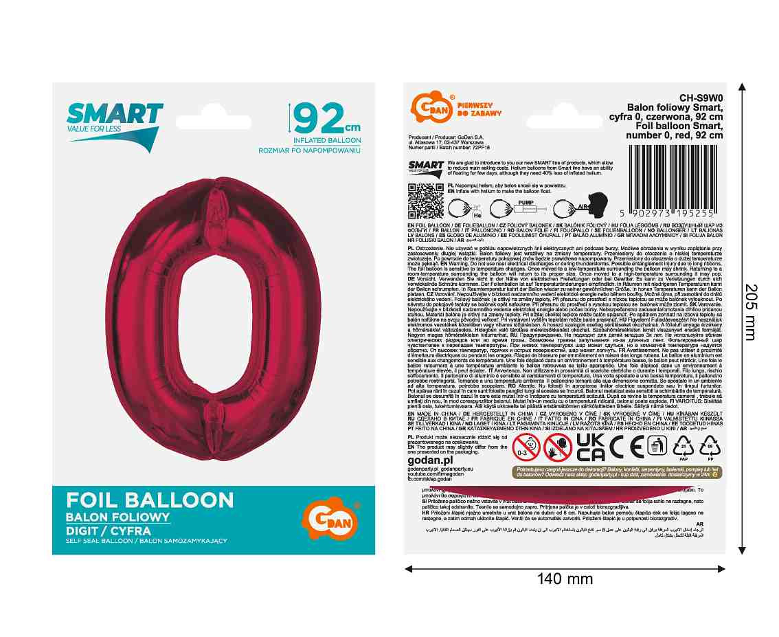 Foil balloon number 0, red, 92 cm EOL