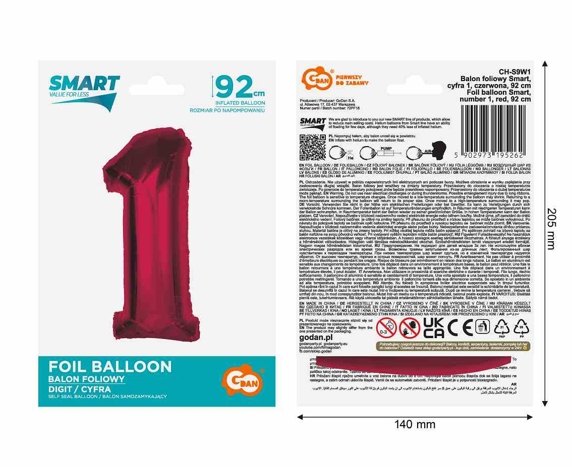 Foil balloon number 1, red, 92 cm EOL
