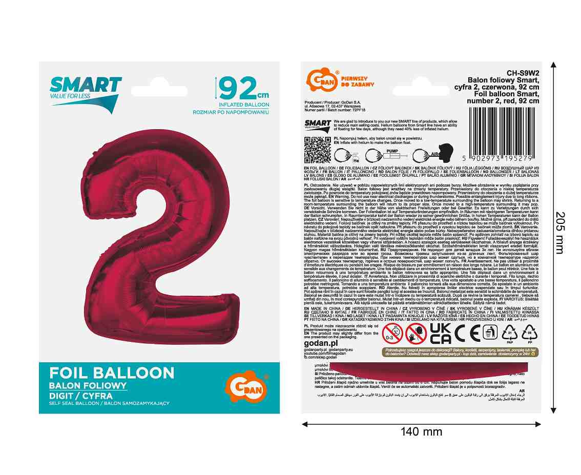 Foil balloon number 2, red, 92 cm EOL