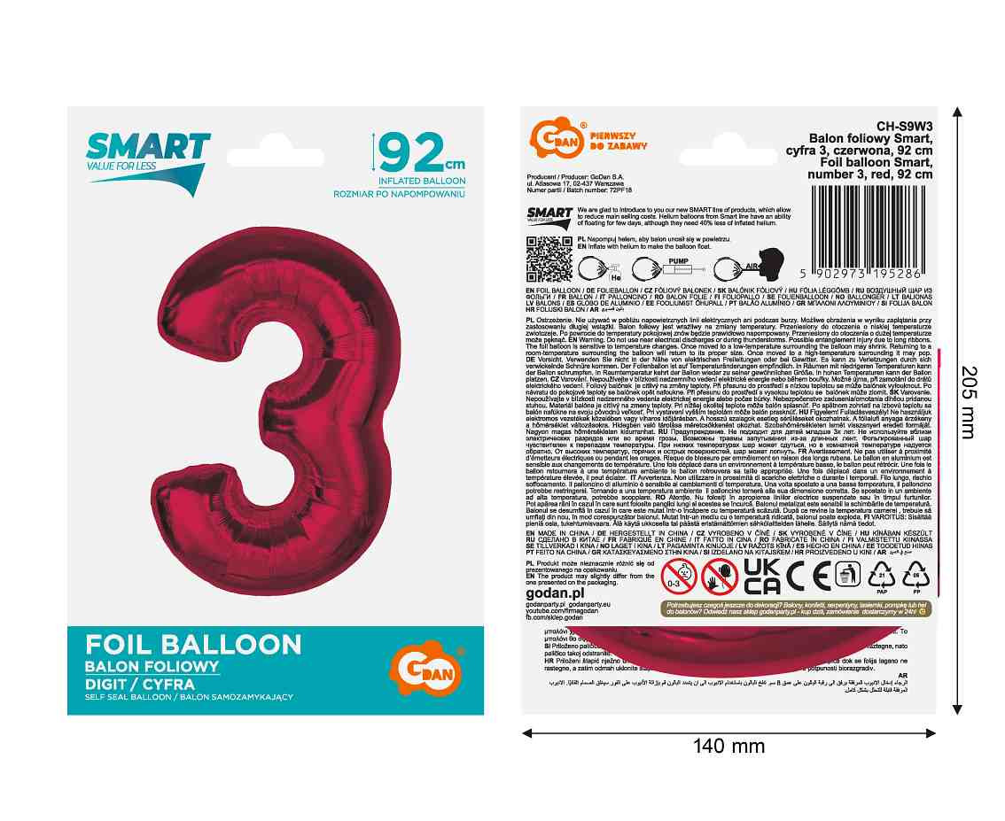 Foil balloon number 3, red, 92 cm EOL