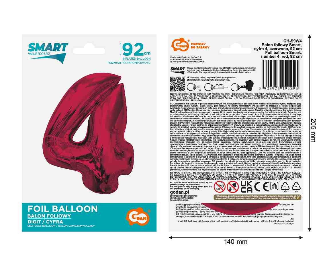 Foil balloon number 4, red, 92 cm EOL