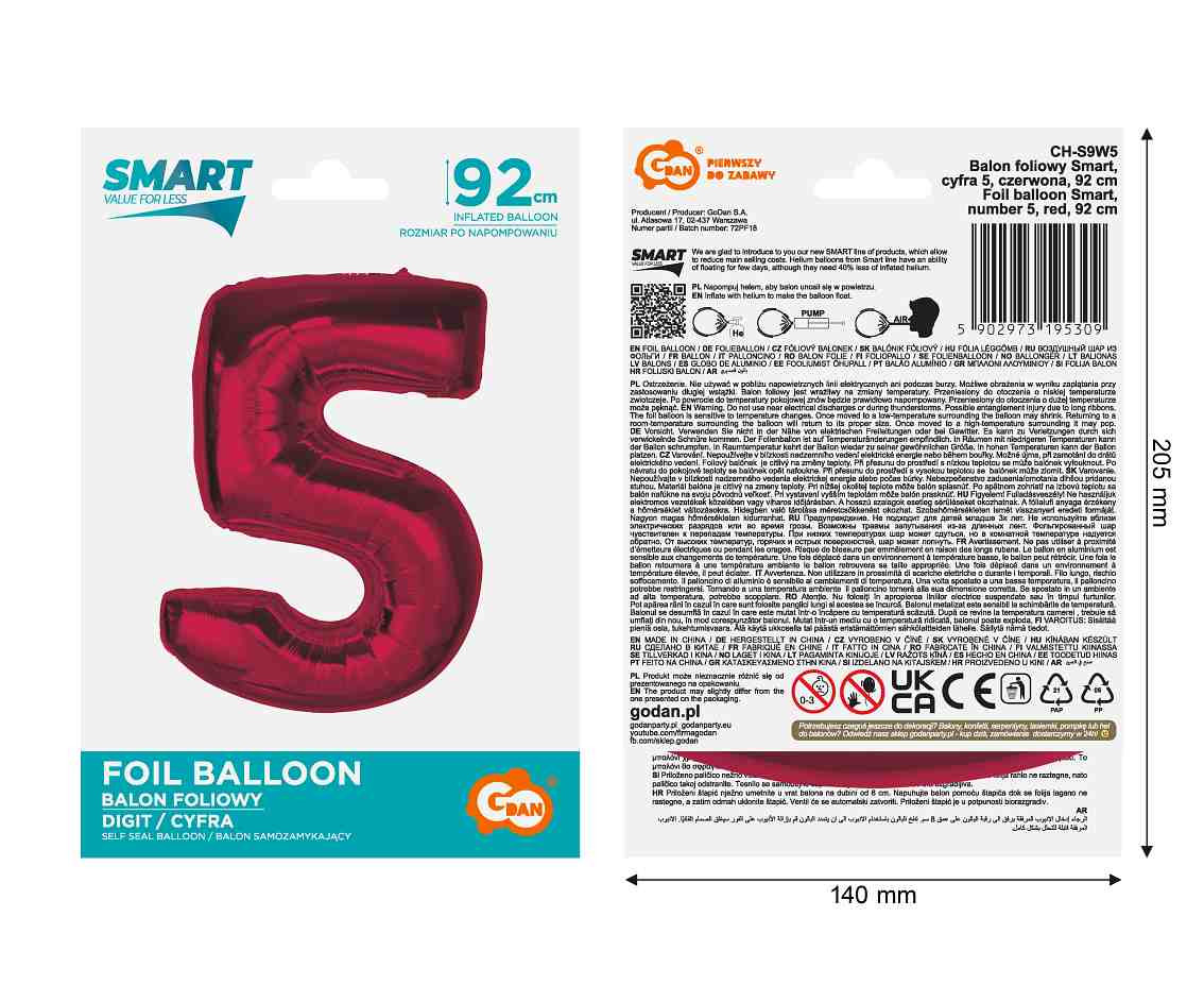 Foil balloon number 5, red, 92 cm EOL