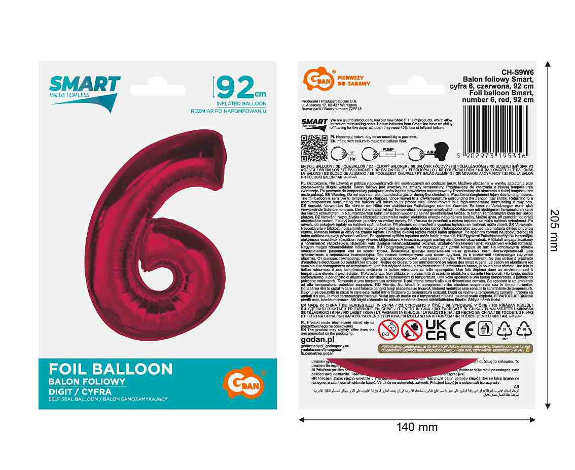 Foil balloon number 6, red, 92 cm EOL