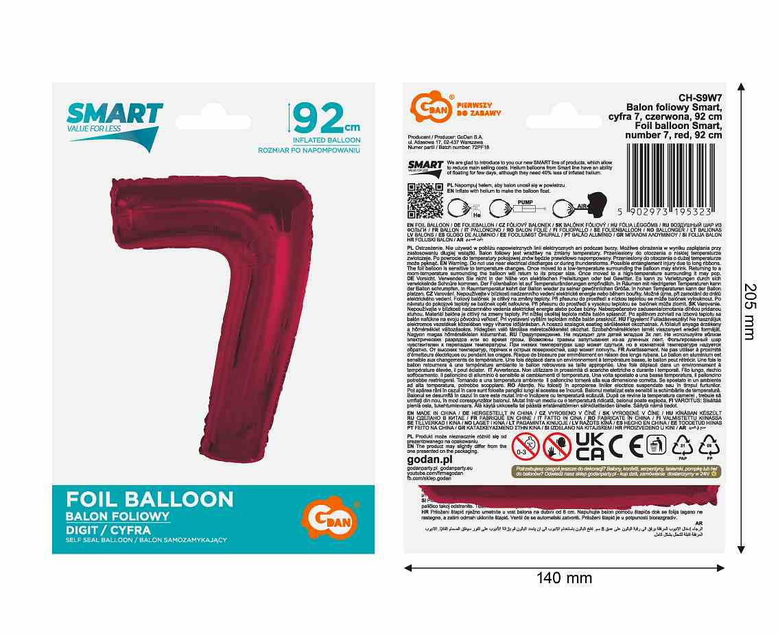 Foil balloon number 7, red, 92 cm EOL