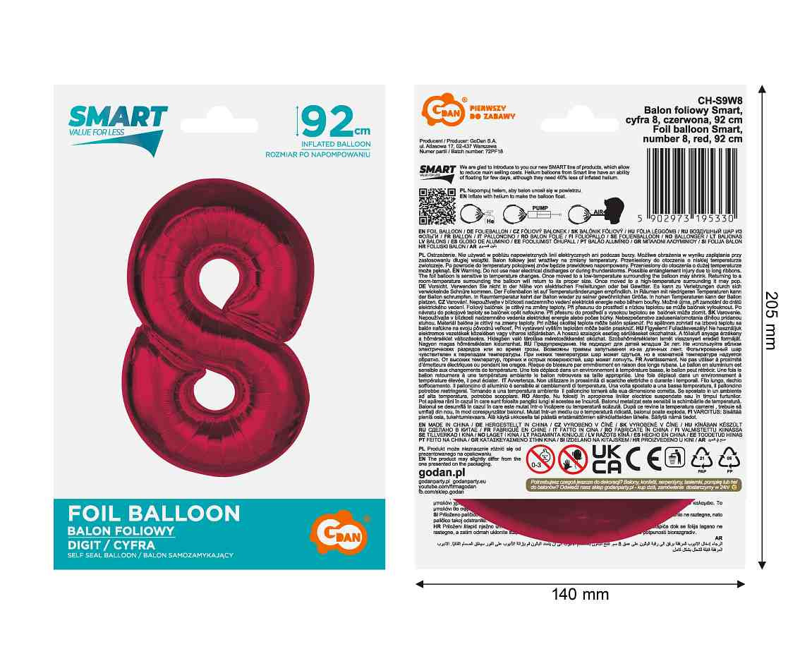 Foil balloon number 8, red, 92 cm EOL