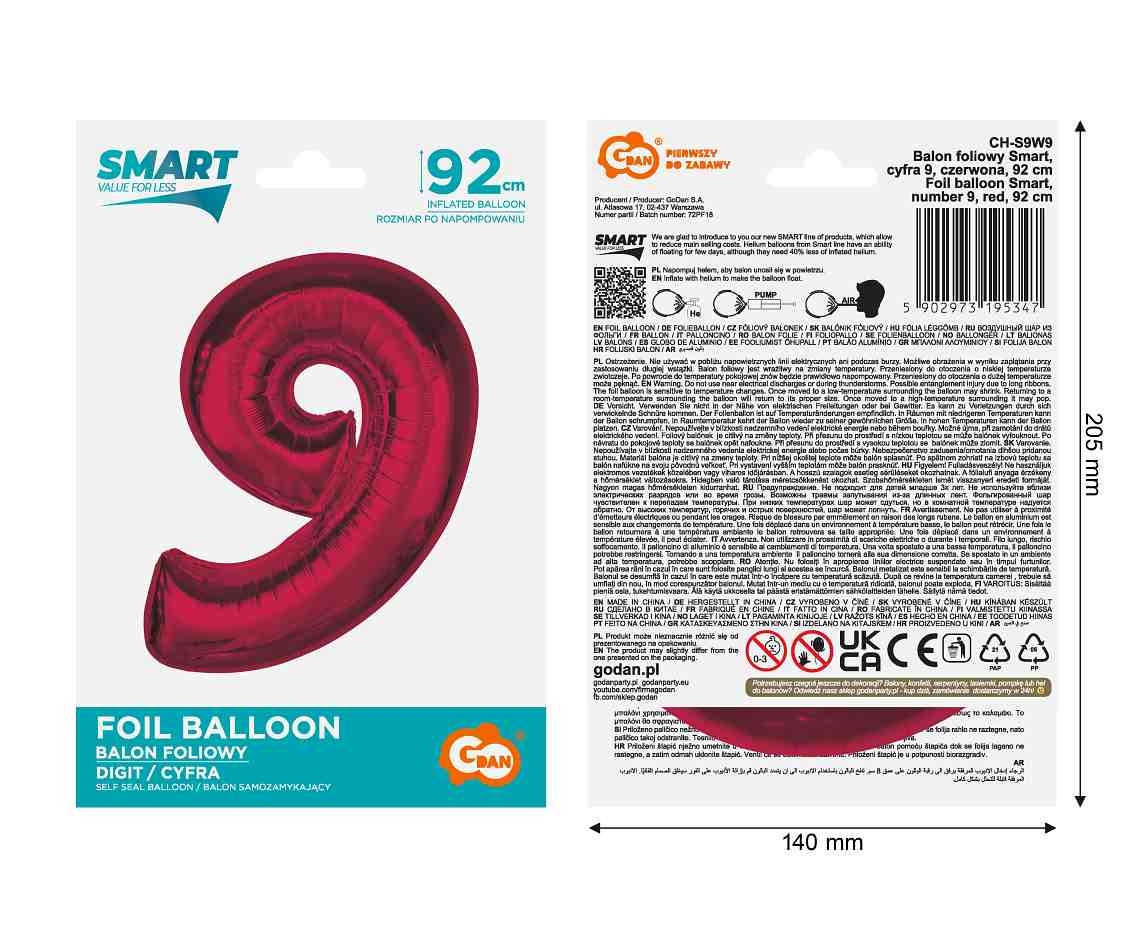 Foil balloon number 9, red, 92 cm EOL