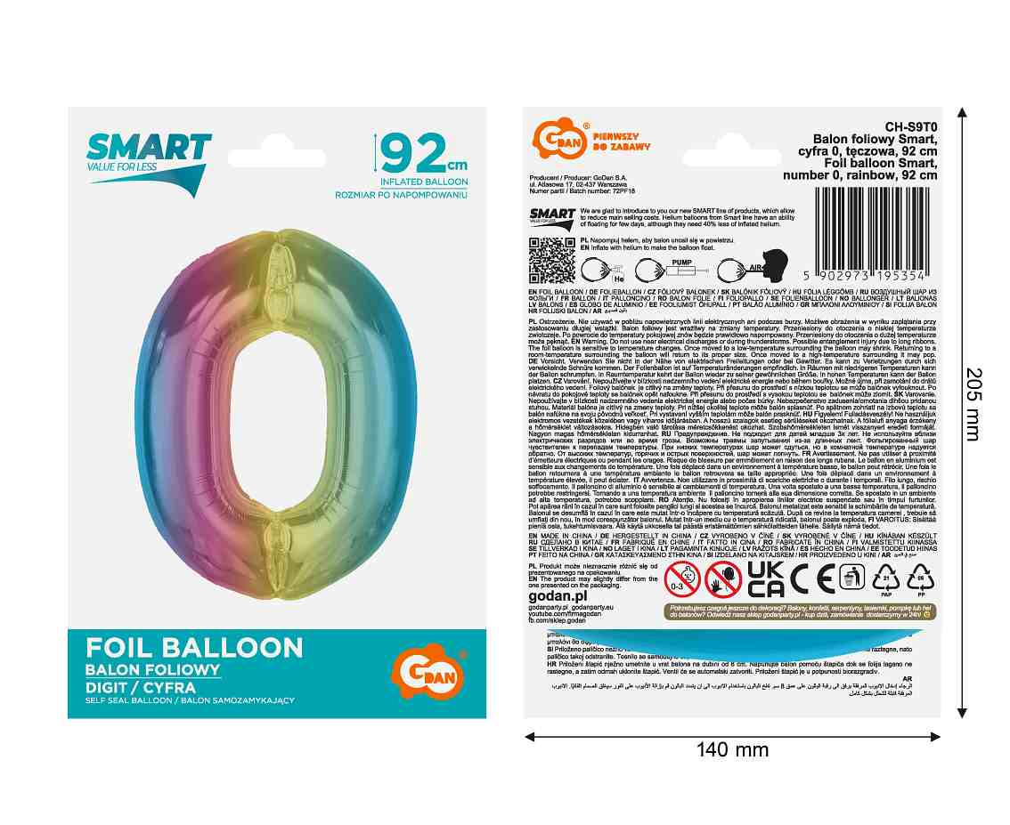 Foil balloon number 0, rainbow, 92 cm EOL