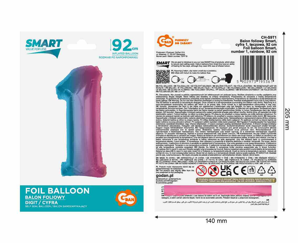 Foil balloon number 1, rainbow, 92 cm EOL