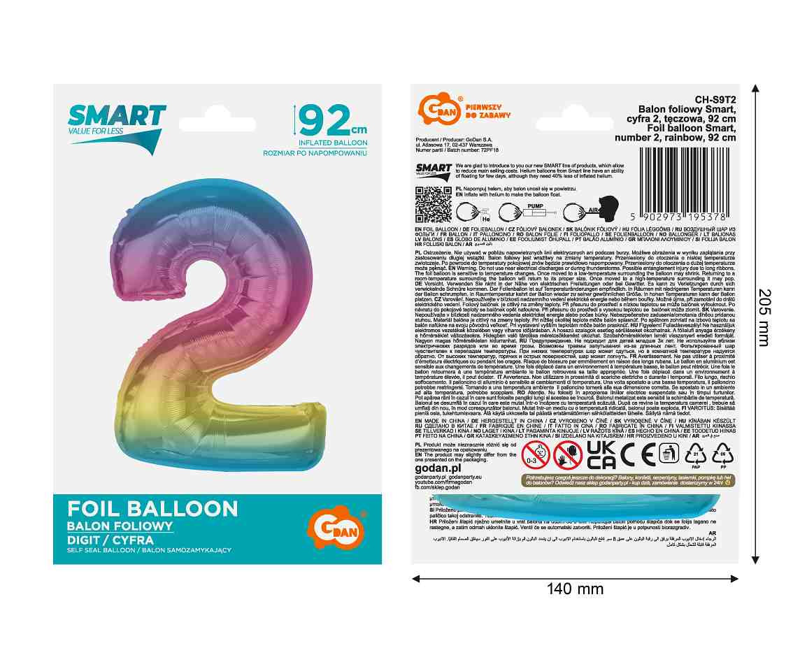 Foil balloon number 2, rainbow, 92 cm EOL