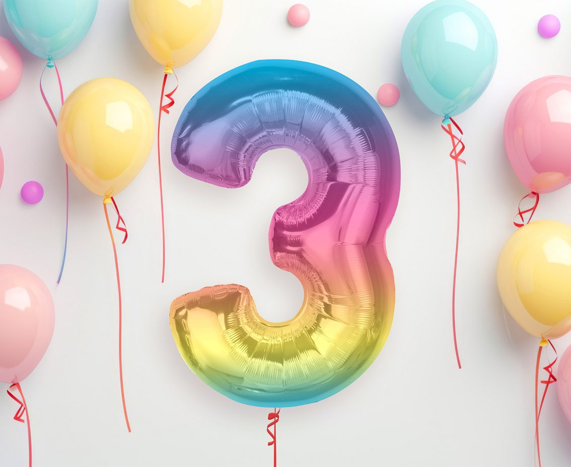 Foil balloon number 3, rainbow, 92 cm EOL