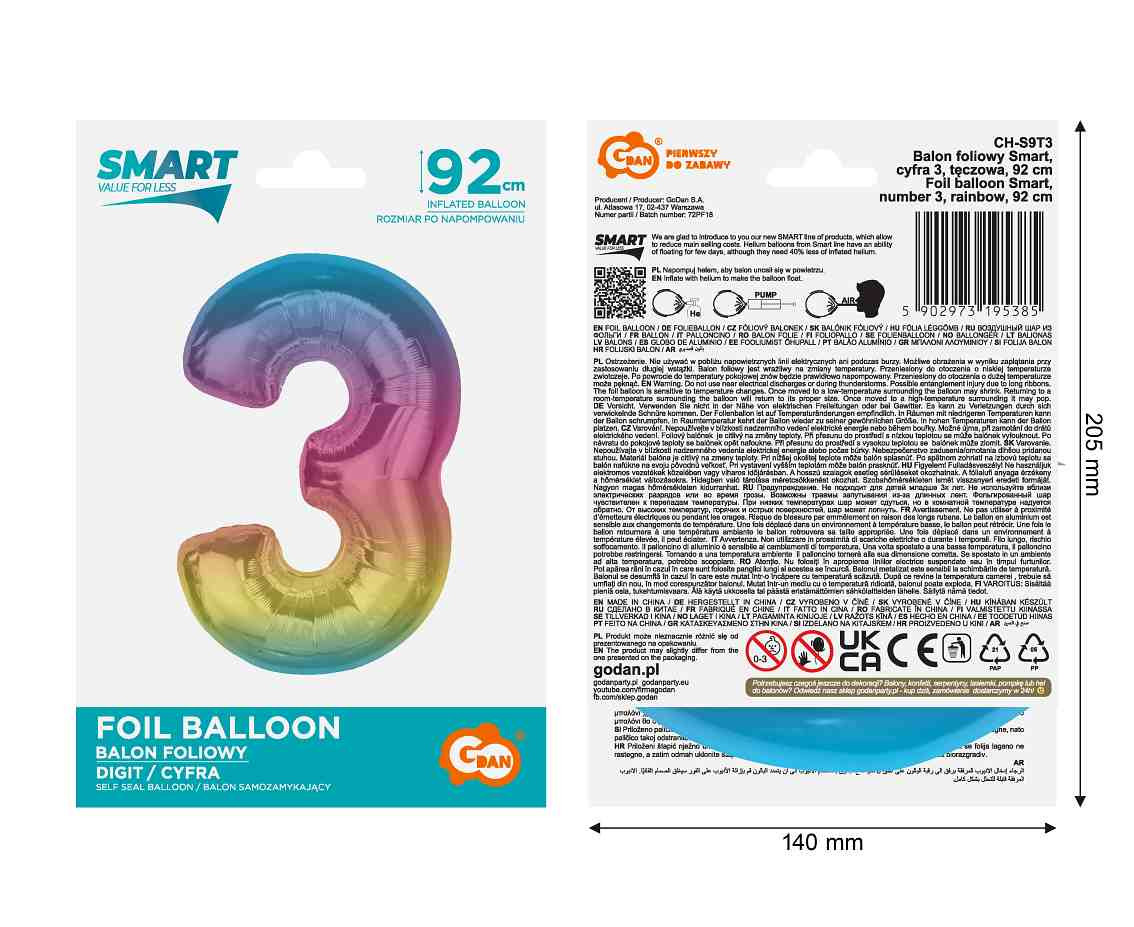Foil balloon number 3, rainbow, 92 cm EOL